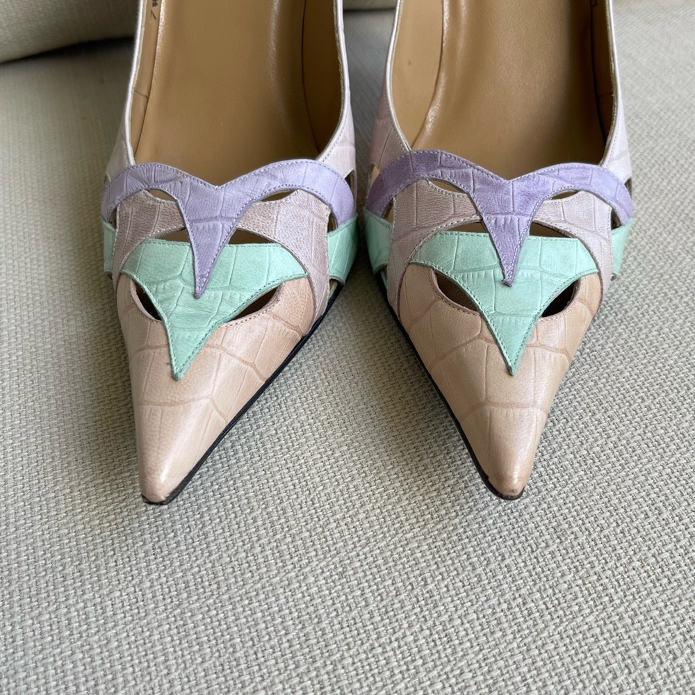 Stuart Weitzman Pastel Pink, Mint & Lavender Leather Pointed Toe HEELS SIZE 7.5 - Picture 3 of 14